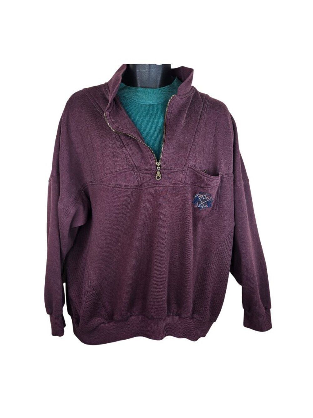 Vintage 90s Purple Half-Zip Double Collared Sweatshirt Mens XL Plum Teal